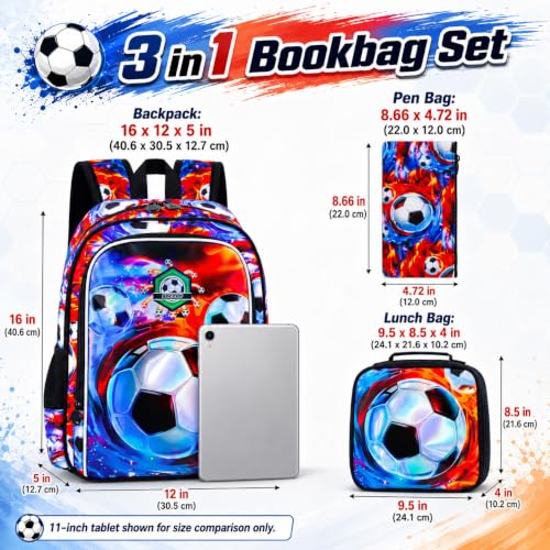 Image of Soccer Backpack for Boys, 16 inch Kids Bookbag with Lunch Box, 3Pcs Football School Backpacks for Elementary Preschool Kindergarten (Fire and Ice)