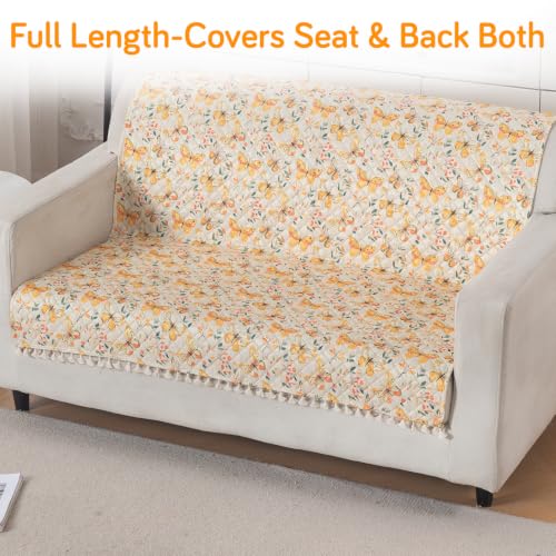 Image of HOKIPO Sunlit Butterfly Quilted Sofa Cover with Tassels 2 Seater for Seat & Back, (152x120 cm), 'Tassel Twigs' Series (IN-990-T3)