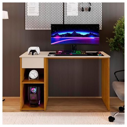 Mesa de Estudo Gamer Jasmim Escrivaninha Com Gaveta - Canela/Off- White