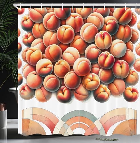 Ambesonne Peach Shower Curtain, Summer Fruit Fiesta Concept Mid Century Vibe Curving Arch Shapes Soft Tones, Cloth Fabric Bathroom Decor Set with Hooks, 69" W x 70" L, White Salmon Grey