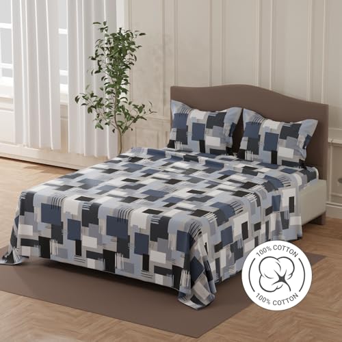 Image of Layers 100% Cotton Bedsheet for Double Size Bed | Lumina Floret Collection | 144 TC Soft & Breathable | Printed with 2 Pillow Covers | Wrinkle Free & Colorfast | 3 Piece Bedding Set - Navy Blue