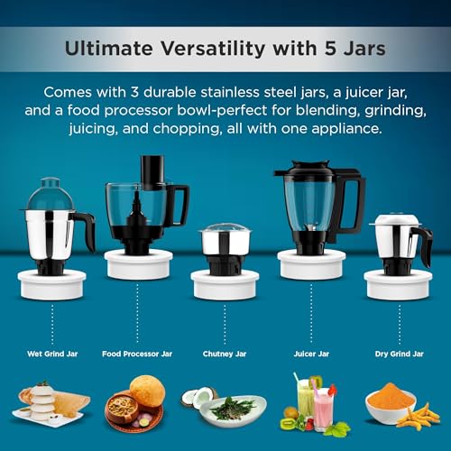 Image of Butterfly Vertex 750W Mixer Grinder+Food Processor | 3 SS Jars, 1 Juicer Jar & 1 Food Processor | Atta kneaker & Veggie Chopper