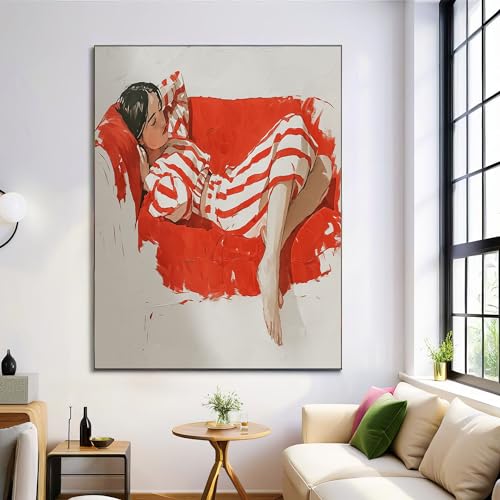 Póster de lienzo de sofá mujer minimalista en color rojo, lámina moderna de 50x70cm sin marco