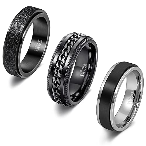 DURIS 3 PCS Black Spinner Rings for Man Women Black Stainless Steel Fedget Worry Ring Set for Anxiety Engagement Wedding Band 6MM / 8MM