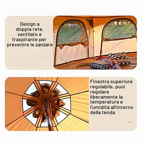 Tenda Impermeabile in Tela di Cotone per 8-10 Persone, rifugio per glampante con mazzi da Forno, Durevole casa da Campeggio per Famiglie all'aperto per Feste e Uso del Tempo Libero, Marrone