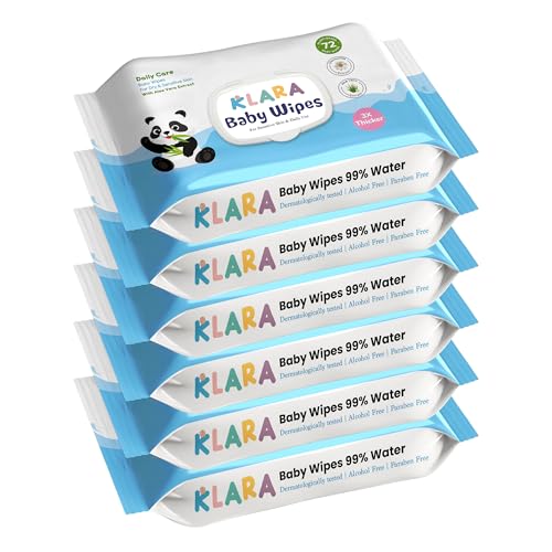 Image of Klara 99% Pure Water Baby Wipes | With Aloe Vera | Rash-Free & Paraben-Free | Pack of 6 (432 Wipes)