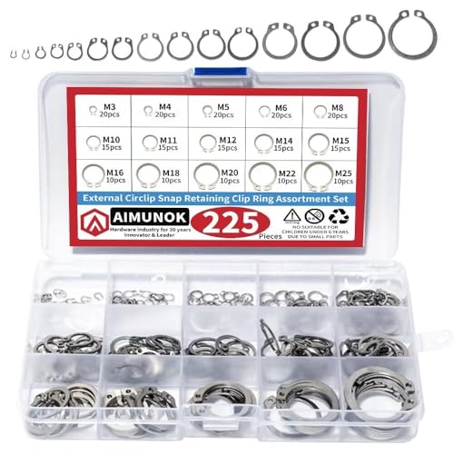 AIMUNOK 225Pcs External Retaining Rings Snap Rings Assortment Kit, 304 Stainless Steel External C-Clip Set, 15 Sizes Circlip Snap Rings M3 - M25