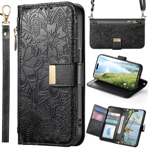 Funda Flor para OPPO A36/A76/A96 4G, Carcasa magnética con Correa Cruzada, Bolso de Mano con Bolsillo y Cremallera para OPPO A36/A76/A96 4G-Negro