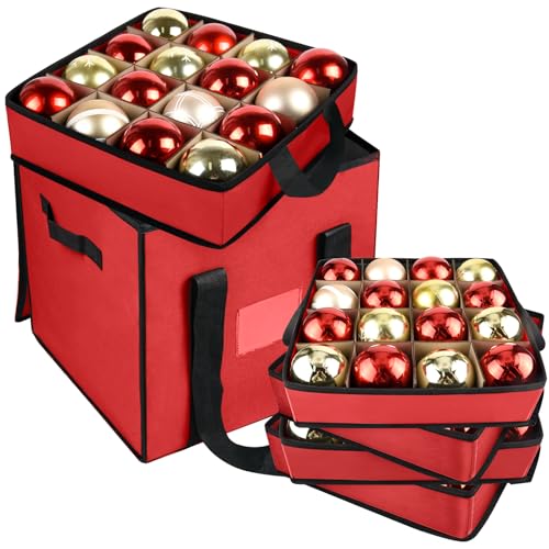 Christmas Ornament Storage Box with Dividers, Christmas Balls Storage Containers with Zipper & 4 Removable Trays - Holds Up to 64 Balls - 600D Oxford Christmas Decoration Storage Organizer (Red)