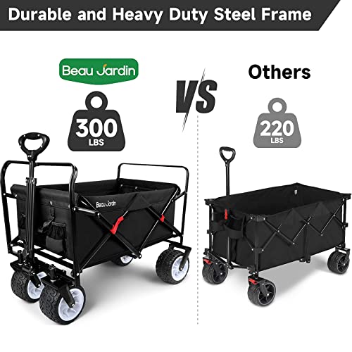 Beau Jardin Folding Beach Wagon Cart 300 Pound Capacity Collapsible Utility Camping Grocery Canvas Portable Rolling Outdoor Garden Sports Heavy Duty Shopping Wide All Terrain Wheel Black Bg219 #TOP5