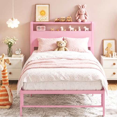Twin Bed Frames for Kids, Twin Size Bed with 2 Tiers Wood Shelves Headboard