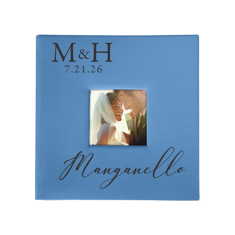 Personalized Photo Album, Custom Engraved Picture Album, Holds 200 4" x 6" Photos, Leatherette and Laser Engraved Scrapbook, Wedding Initials and Last Name, Blue