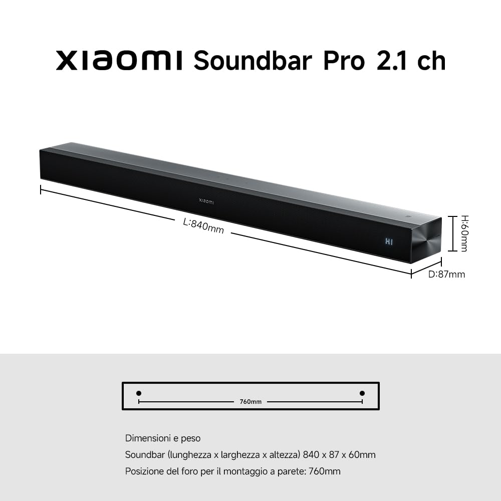 XIAOMI Soundbar Pro 2.1ch, Soundbar TV Max 300W con bassi potenti e subwoofer wireless esterno, supporta Dolby Audio™ e DTS Virtual:X, HDMI ARC/ottico/coassiale/Bluetooth, telecomando