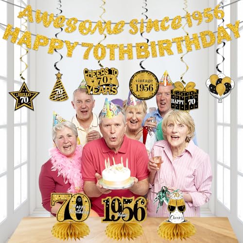 Image of Kuxriox 11Pcs 70th Birthday Decorations Kit for Men Women, Black Gold Happy 70th Birthday Banner, Awesome Since 1956 Centerpieces Swirls Party Supplies, Seventy Bday Banner Ceiling Table Topper Sign