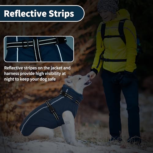 Lelepet Hundemantel für den Winter, Warme Hundejacke mit integriertem Geschirr, Winddicht Mantel mit Fleece Gefüttert für Hunde, Reflektierende Hundeweste für Kaltes Wetter, Blau XL
