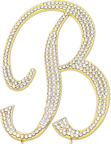 Sparkly Rhinestones Letter B Cake Topper, Birthday Wedding Anniversary Gold Initial B