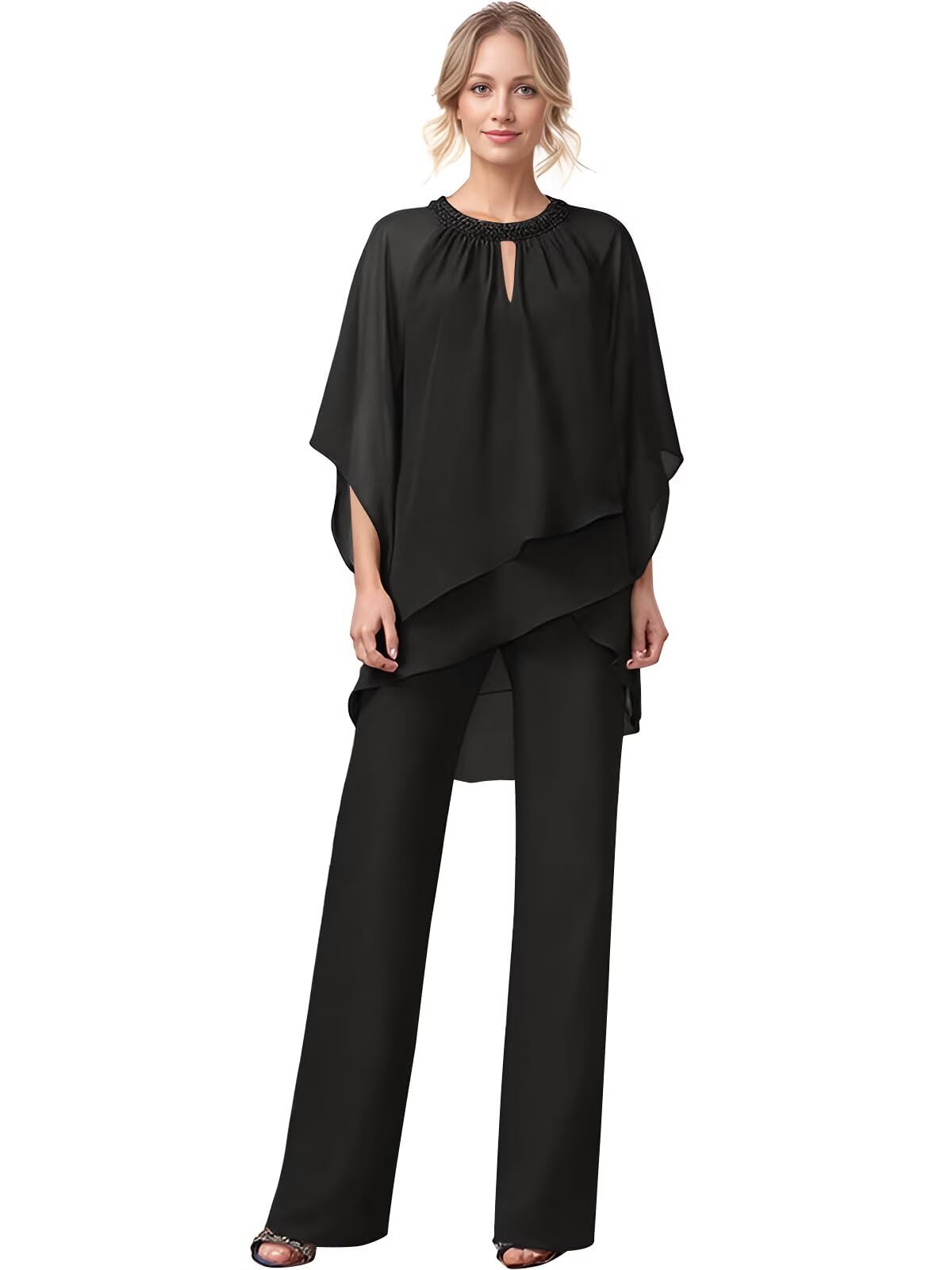 Chiffon 2 Pieces Mother of The Bride Pant Suits for Women Half Sleeves Beaded Dressy Outfits for Wedding