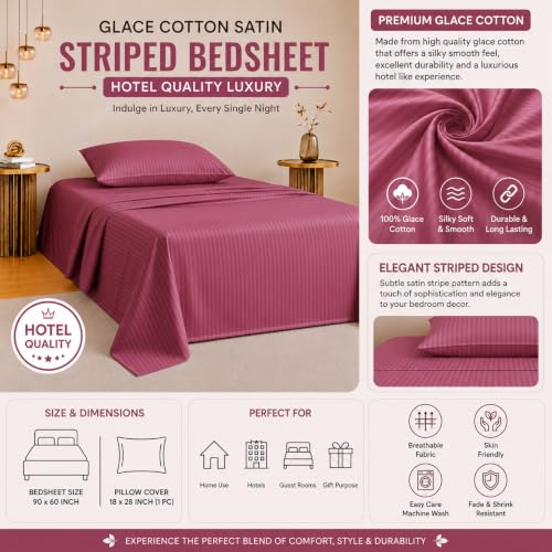 Image of Satin Striped Glace Cotton Single bedsheet with 1 Pillow Cover | Soft & Smooth Finish | Single Bed bedsheet 90 x 60 Inch | Pillow Cover 18 x 28 Inch | Breathable, Fade Resistant