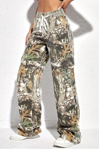 HVEPUO Camo Pants Women High Waisted Wide Leg Casual Y2K Camoflage Cargo Pants Baggy Elastic Waist Straight Jeans Trousers2