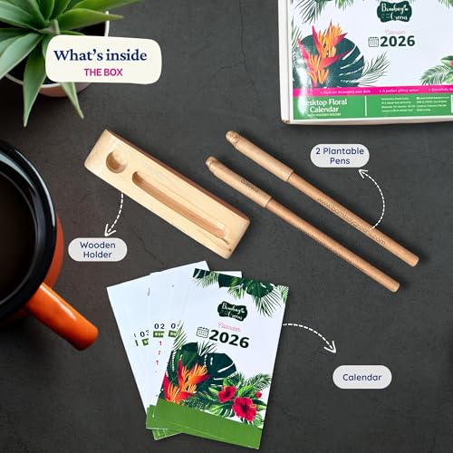 Image of 2026 Eco-Friendly Desk Calendar with Wooden Stand & Plantable Seed Pens - Sustainable 2026 Calendar Planner for Home & Office - Zero Waste New Year Gift & Grow Your Own Plant Kit by Bombay Greens