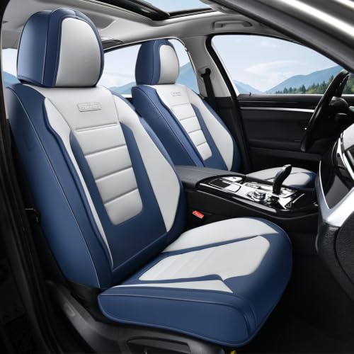 Image of Coverado Car Seat Covers Front, Seat Covers for Cars, Waterproof 2-Pack Car Seat Cushions, Leather Carseat Seat Protectors, Universal Seat Covers Fit for Most Sedans SUV Pick-up Trucks(Blue&White)