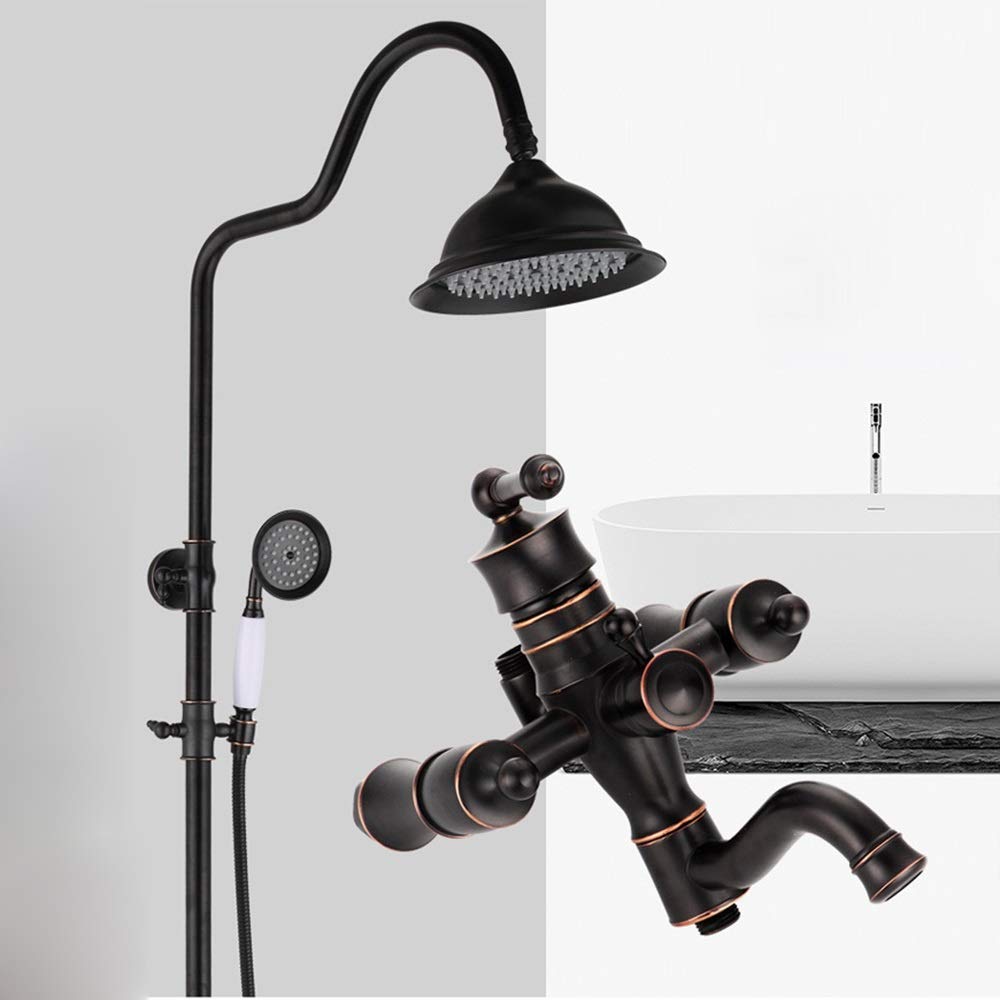 CWCQGH European Retro Black Lift Household Brass Shower Faucet and Cold Shower Set 20cm Round Top Spray Shower System 3 Modes Delicate