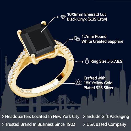 Gem Stone King Gemstone Birthstone and White Created Sapphire 18K Yellow Gold Plated Silver Ring For Women | Emerald Cut 10X8MM | Available In Size 5, 6, 7, 8, 92