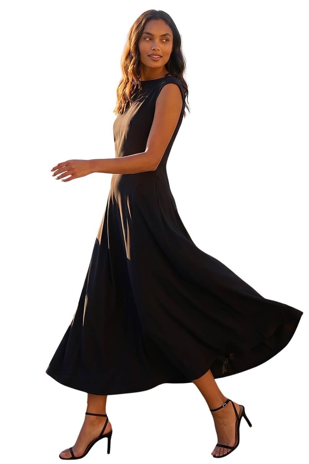 Roman Originals Women's Black Fit & Flare Midi Dress For Uk - Everyday Holiday Spring Summer High Neckline Comfy Soft Evening Vacation Work Party - Size 14