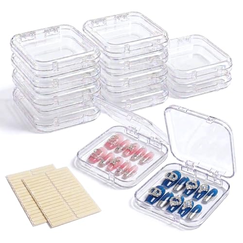 Image of 12 Pcs Press on Nail Storage Box with 60 Pcs Double Sided Adhesive Tapes, Nail Packaging Boxes Fake Nail Display Case Crystal Clear Nail Storage Box with Gift Box for Nail Art Business Nail Salon