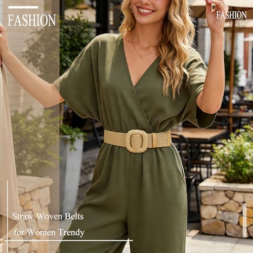 Image of Straw Woven Elastic Belt for Women Stretchy Belts for Dress Fashion Boho Waist Belt Rattan Raffia Ladies Belts
