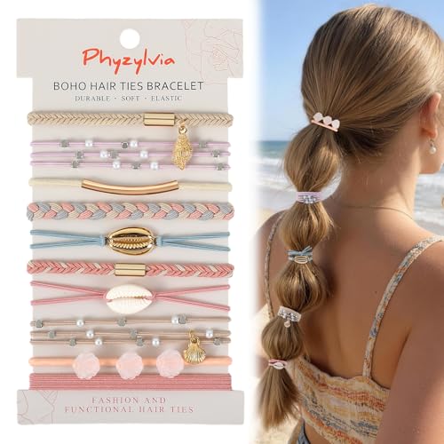 10 PCS Cute Hair Ties Bracelet for Women - 5 Styles Soft Braided Nylon Elastic Hair Bands No Damage Ponytail Holders - Pink Hair Accessories for Thick Thin Curly Hair with Gift Box