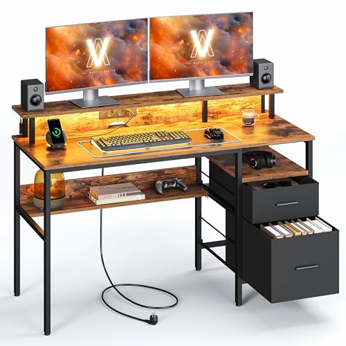 VASAGLE Bureau Gaming, avec Tiroirs en Tissu, Table Informatique avec Support d'Écran, Lumières...