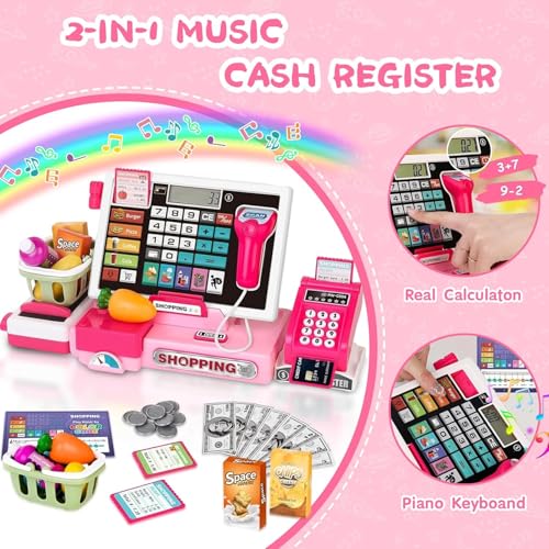 Image of DZLING Kids Cash Register Toy Playset with Real Calculator, Scanner, Credit Card, Play Money, Food, Pretend Supermarket Shopping Toy for Boys & Girls Toy for Ages 3-8