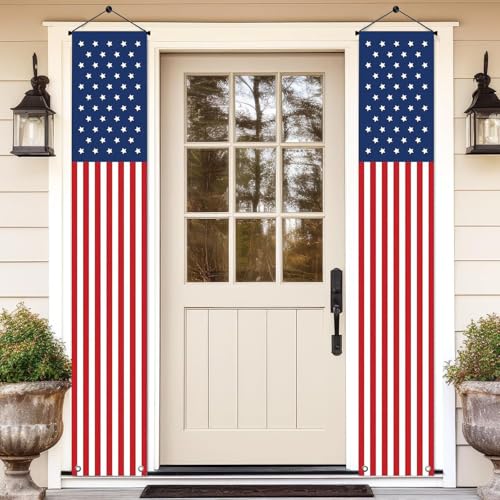 Image of 4th of July Decorations - Hanging American Flag Banners Patriotic Porch Sign for Memorial Day, Independence Day Party Supplies - Weatherproof Stars and Stripes Red White Blue (2 Pcs)