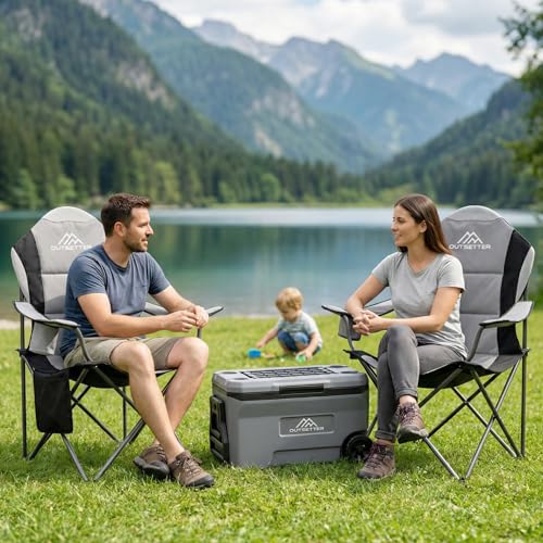 Outsetter Folding Camping Chair High Back, Large Padded Chair With Cup Holder And Side Pockets,Seat With Breathable Mesh, Portable & Comfortable,Holds Up To 120Kg For Outdoors, Fishing(Light Grey) - 2