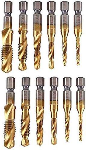 6 Spiral Tap Drill Bit Set by Volterin, 6 Pcs Titanium Coated HSS 6542 Fluted Machine Screw Tap Kit, Hex Shank Combination Drill Tap Bit Spiral Screw Tap Set M3-M10, Silver ,Gold (Save 10 % on 2 Pack 6 Pcs)