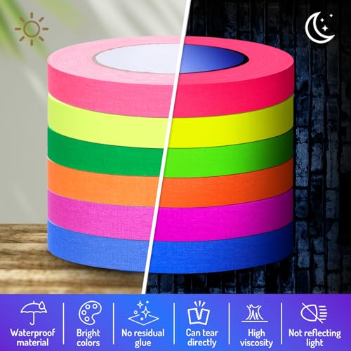 Image of Whaline 6 Colors Neon Gaffer Cloth Tape Fluorescent Rainbow Color UV Blacklight Tapes Neon Duct Reflective Tapes for Party Supplies (0.6 Inch x 120 Ft)