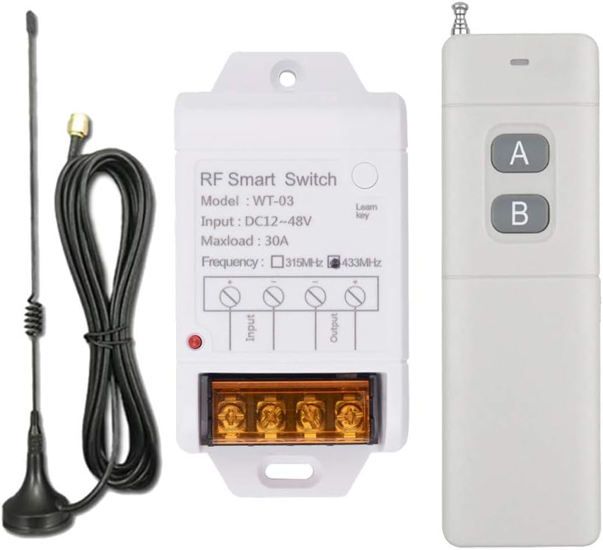 6000 ft Long Distance DC12V 24V 36V 48V Remote Control Switch 433Mhz Remote Transmitter, 12V 30A Remote Relay High Power Water Pump Motor Lighting Industrial Wireless Control Relay