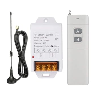 6000 ft Long Distance DC12V 24V 36V 48V Remote Control Switch 433Mhz Remote Transmitter, 12V 30A Remote Relay High Power Water Pump Motor Lighting Industrial Wireless Control Relay
