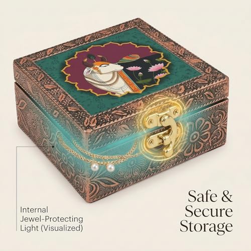 Image of Kamdhenu Wooden Jewellery Box | Handcrafted Decorative Storage Organizer | Traditional, Multipurpose Keepsake Box for Rings, Earrings & Small Accessories | Teal Lotus, Pack of 10