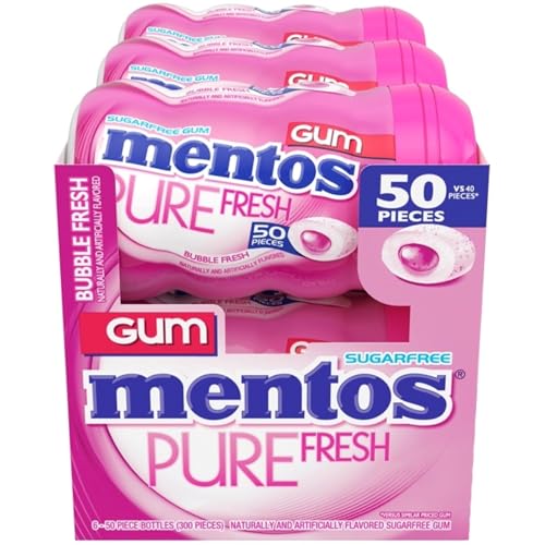 Image of Mentos Pure Fresh Sugar Free Gum With Xylitol Sweetener, Bubble Fresh, 90% Recyclable Curvy Bottle, 50 Pieces per Bottle, 6 Pack