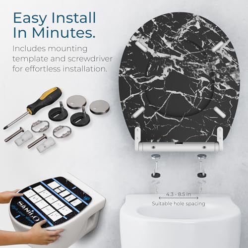 Image of Sanilo Wooden Toilet Seat with Quick Release & Soft Close [ROUND] - Decorative & Slow Close Molded Wood Seat - With One Click for Easy Installation & Cleaning - With Adjustable Fit (Marble Black)