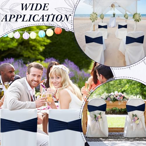 Moukeren 100 Pcs Spandex Chair Sashes Bows Bands Slider Sashes for Chair Covers Elastic Bands Ties Ribbon Decorations for Wedding Party Events Ceremony Birthday Banquet(Navy Blue) - Thumbnail 7