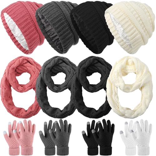 Neer 12 Pcs Women Hats Gloves Scarf Set Winter Knit Cable Satin Lined Hat Soft Warm Scarf Touchscreen Gloves for Women