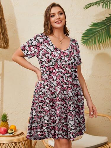 Image of ZENNILO Women's Plus Size Swing Dress with Pockets Casual Summer Dresses V Neck Short Sleeve T Shirt Dress for Women