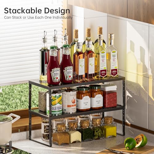 Image of Expandable Adjustable Stackable Kitchen Organizer,Pantry Storage Shelves Racks,for cabinets Shelf, Kitchens, countertops, bathrooms,RV(1Pack /Black,Medium)