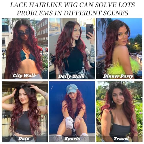 Image of AISI HAIR Wig for Women, Long Red Wavy Lace Hairline Middle Part Synthetic Heat Resistant Wig for Daily Party-26 Inch