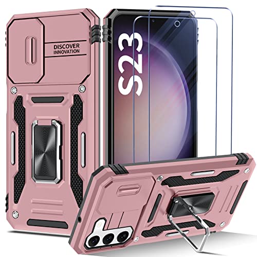 ivencase Funda Compatible con Samsung Galaxy S23 con Anillo de Soporte y 2 Piezas Cristal Templado, Armor Carcasa con Cubierta de cámara Deslizante, Silicone TPU y PC Anti- Choques Case Oro Rosa Cover