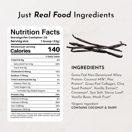 Image of JUST INGREDIENTS Vanilla Bean Protein Powder - 20-Serving Blend with 100% Grass-Fed Whey & Organic Plant Proteins - Real Vanilla Bean & Cinnamon - Supports Muscle Recovery, Energy*