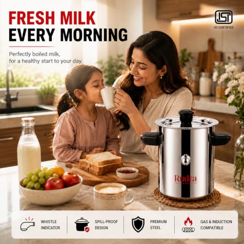 Image of Rudra Stainless Steel Long Milk Boiler 1L | Double-Walled Spill-Proof Design | Induction & Gas Compatible Milk Pan | Rust-Free 202 Grade Steel with Whistle Indicator